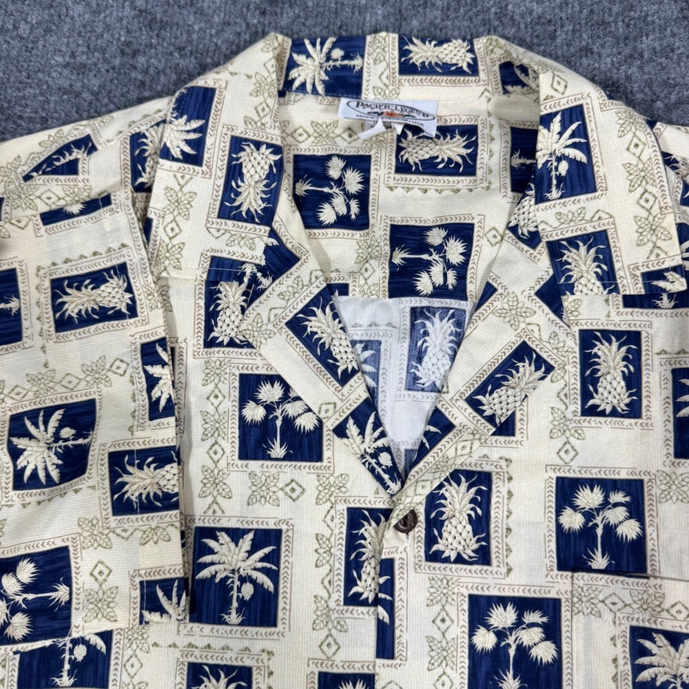 Vtg Pacific Legend Hawaiian Shirt Pineapple Palm Tree Mens XL Blue Made in USA